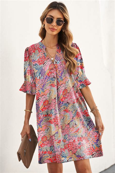 Multi Color Floral V Neck Flutter Sleeve Short Dress Ramijoesboutique