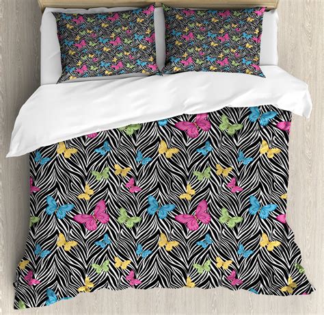 Zebra Print Duvet Cover Set Colorful Butterflies On Zebra Abstract