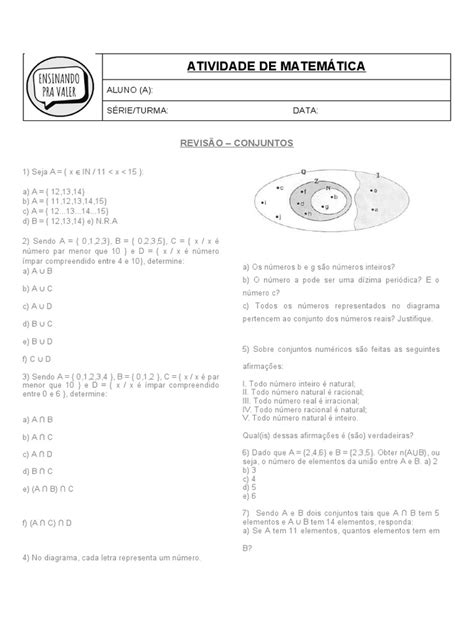 Atividade De Conjuntos Numericos - Exercícios de Conjuntos Numéricos 9º Ano | PDF | Números | Número racional