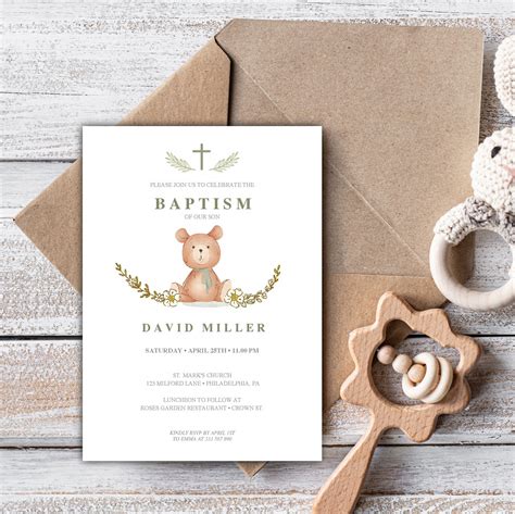 Baptism Bear Invitation Printable Gender Neutral Baptism Invite Template Bear Baptism Invite