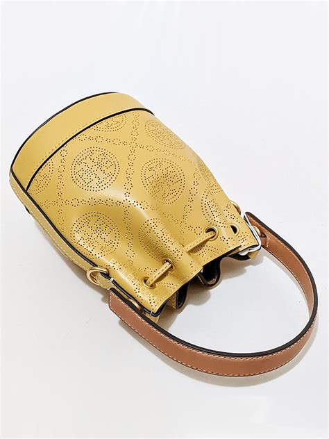 Tory Burch T Monogram Perforated Leather Mini Bucket Bag Golden Sunset Balilene