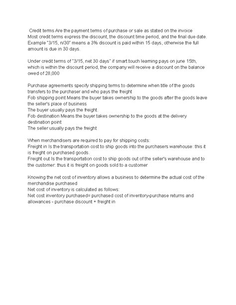 Accounting chapter 5, pt - Credit terms Are the payment terms of