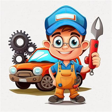 Mecánico reparando el personaje de dibujos animados del automóvil