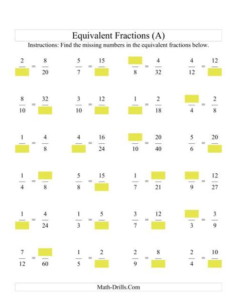 Missing Numbers In Equivalent Fractions A Fractions Worksheet