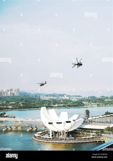 A Birds Eye View Of Helicopters Flying Over Singapore On National Day