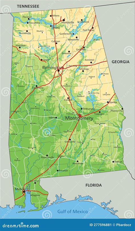 Detailed Alabama Physical Map With Labeling. Cartoon Vector ...