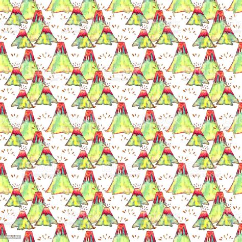 Hand Drawn Watercolor Volcanos Eruption Seamless Pattern On White