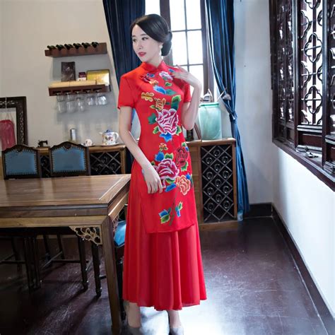 Fashion 2018 Vietnam Ao Dai Styles Red Chinese Traditional Dress