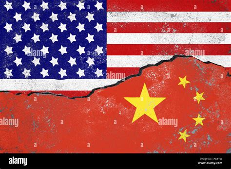 USA And China Conflict Concept Flags Of USA And China Painted On