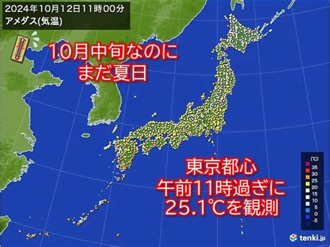 関東～九州は広く夏日予想 東京都心はすでに25℃超 10月だけど暑さに気をつけて 2024年10月12日 エキサイトニュース