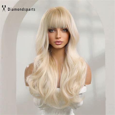 Women Fanshion Wig Long Wavy Platinum Blonde Hair Wigs With Bangs Daily