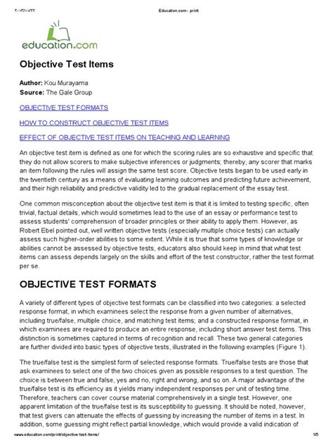 Objective Test Items Multiple Choice Test Assessment