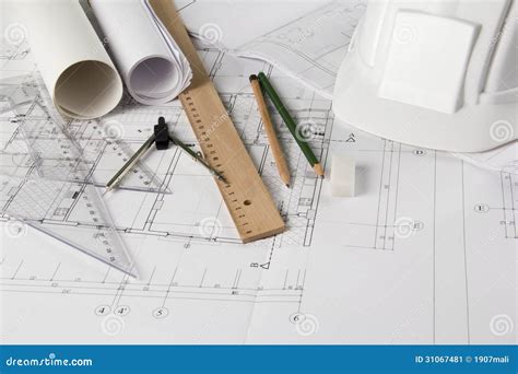 Architectural Blueprints And Drawing Tools Stock Image - Image: 31067481