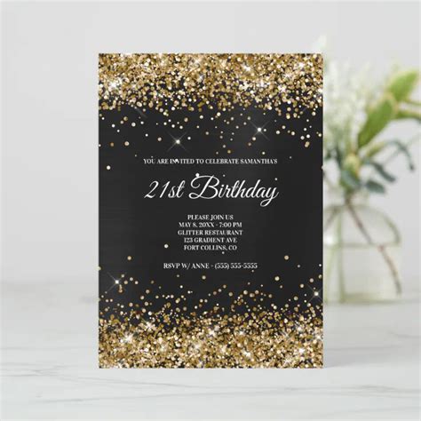 Faux Sparkly Gold Glitter Dark Grey Black Foil Invitation Zazzle