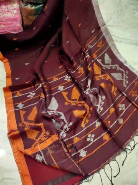 Mesmerizing Maroon Korat Jamdani Linen Saree Loomfolks