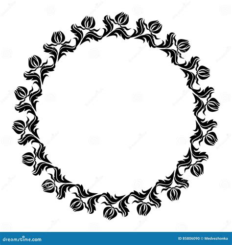 Cadre Rond Noir Et Blanc Avec Des Silhouettes De Fleurs Photo Stock