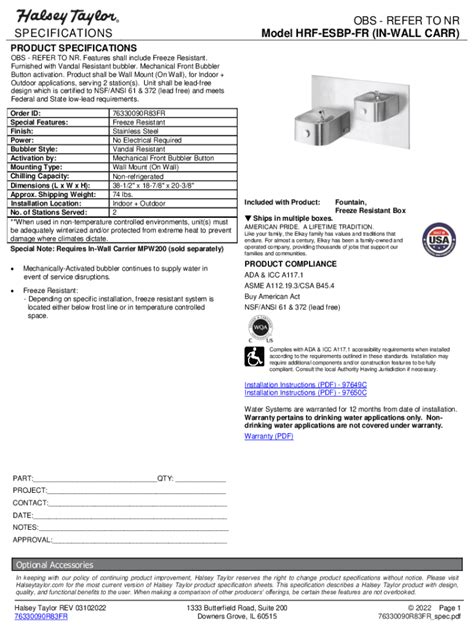 Fillable Online OBS REFER TO NR SPECIFICATIONS Model HRF ESBP IN