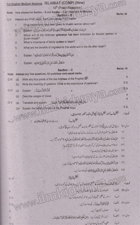 Past Papers 2022 Peshawar Board 10th Class Islamiat Subjective