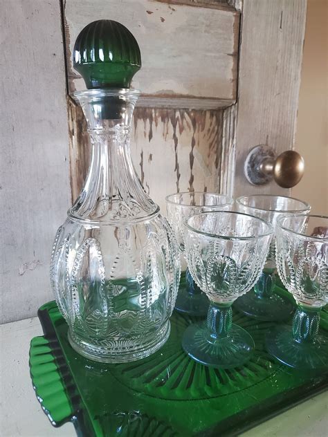 Vintage Avon Emerald Green Glass Decanter Set Tray Decanter Etsy