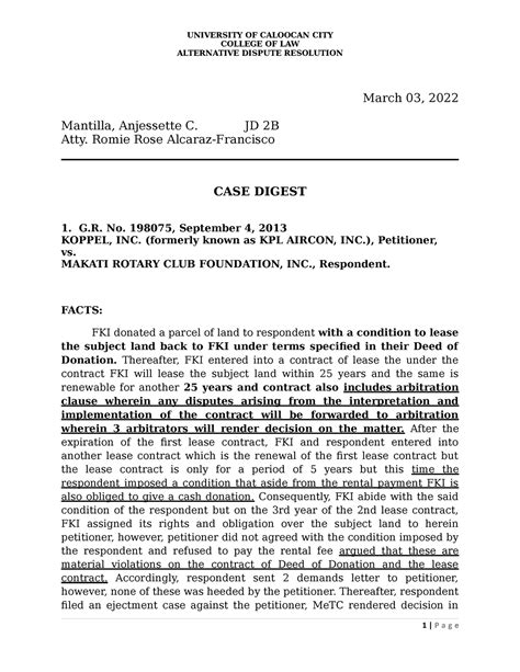 Mantilla, Anjessette C - COLLEGE OF LAW ALTERNATIVE DISPUTE RESOLUTION