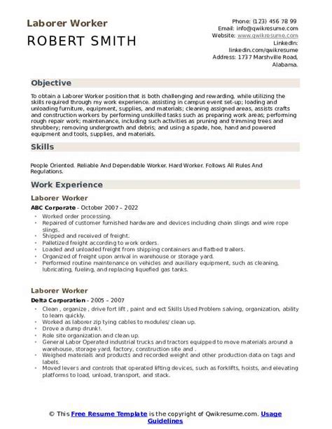 Laborer Worker Resume Samples Qwikresume