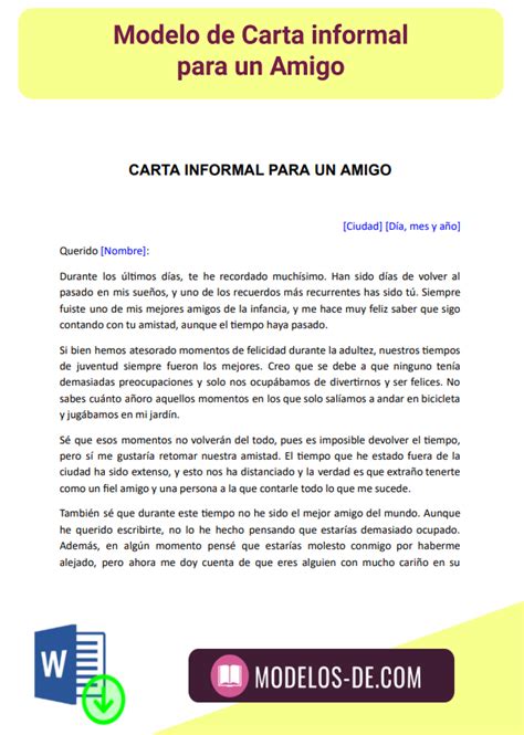 Ejemplo De Carta Informal Para Un Amigo En Word Gratis