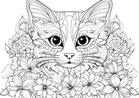 Premium Ai Image A Coloring Page With A Cat Surrounded By Flowers And Leaves Generative Ai