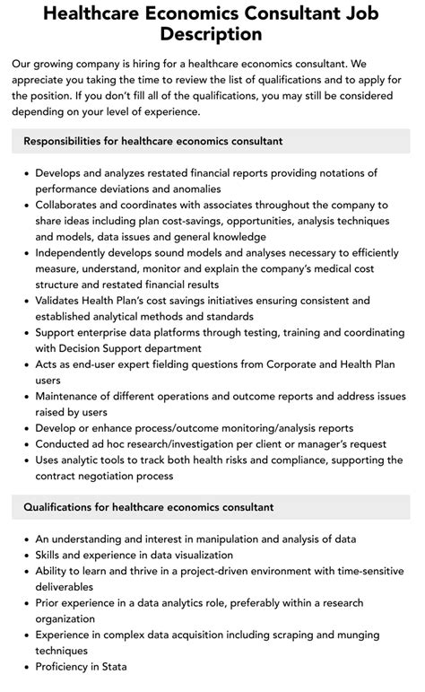 Healthcare Economics Consultant Job Description Velvet Jobs