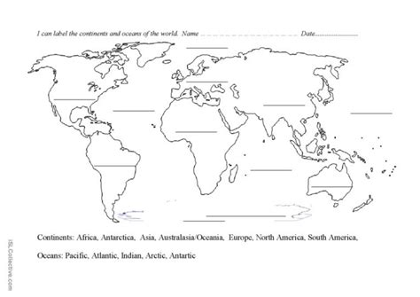 continents  oceans blank map english esl worksheets