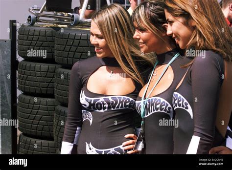 The Hot Wheels Grid Girls L R Former Emmerdale Actress Adele Silva Former Page 3 Girl Jakki