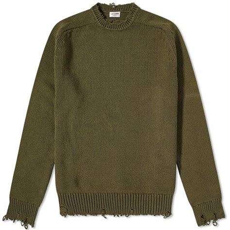 Saint Laurent Men S Distressed Crew Knit In Khaki Saint Laurent