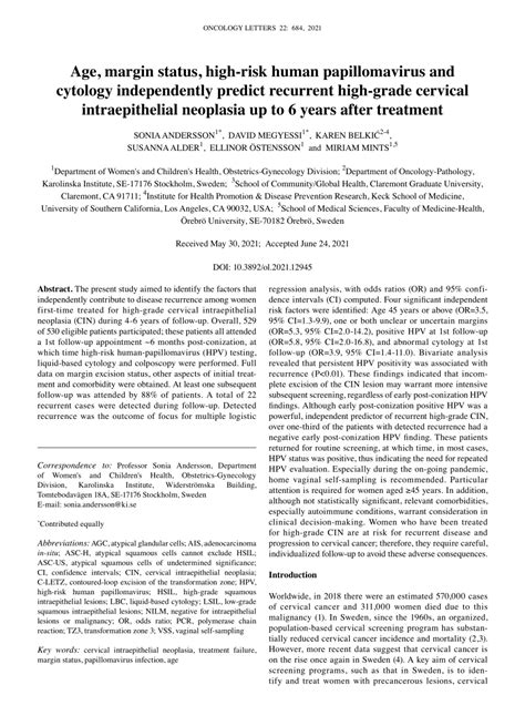 Pdf Age Margin Status High‑risk Human Papillomavirus And Cytology Independently Predict