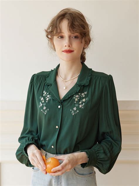 Dark Green Elegant Collar Long Sleeve Fabric Floral Shirt Embellished