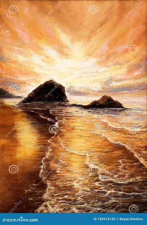 Sunset over beach stock illustration. Illustration of artwork - 103916135