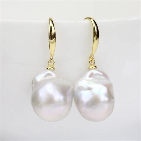 Large Baroque Pearl Earrings Big Flameball Pearl Earrings Yellow Gold