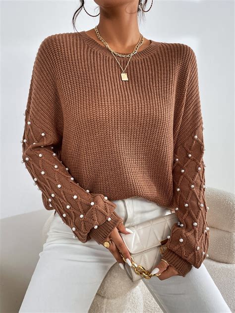 SHEIN LUNE Pearls Beaded Drop Shoulder SweaterI Discovered Amazing