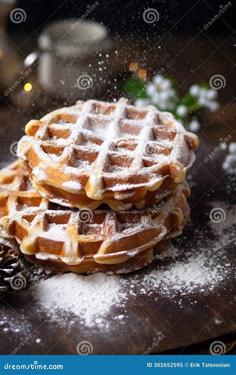 Belgian Waffles With Powdered Sugar Selective Focus Stock Illustration