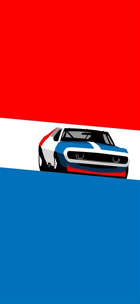 Stylized racing car on red, white, blue stripes; bold modern design for