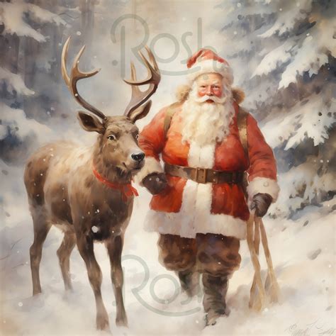 Vintage Santa Claus and Reindeer, High Quality PNG, Merry Christmas, Digital Download, Card ...