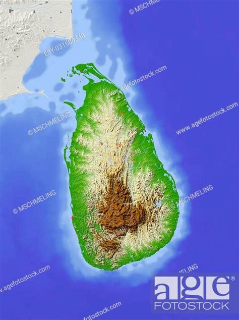 Sri Lanka Shaded Relief Map With Major Urban Areas Surrounding