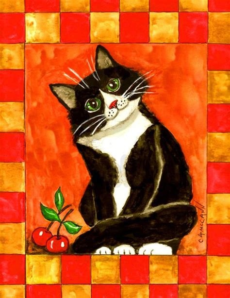 Folk Art Curious Cat From Original Watercolor Painting As A Etsy Cat Painting Cat Art Folk