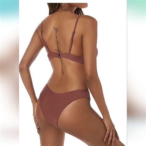 Zaful Swim Zaful Bikini Set For Women Solid V Neck Knot Front Push