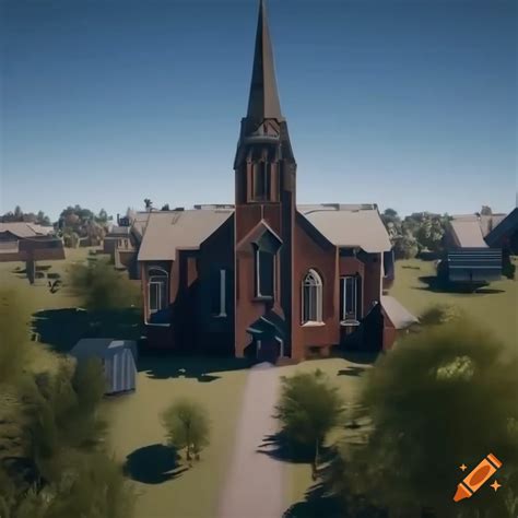 Aerial View Of Sci Fi Australian Village Square With Houses Church