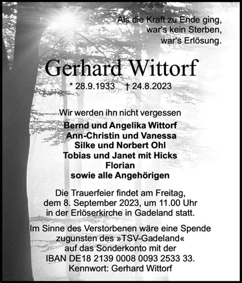 Traueranzeigen Von Gerhard Wittorf Sh Z Trauer