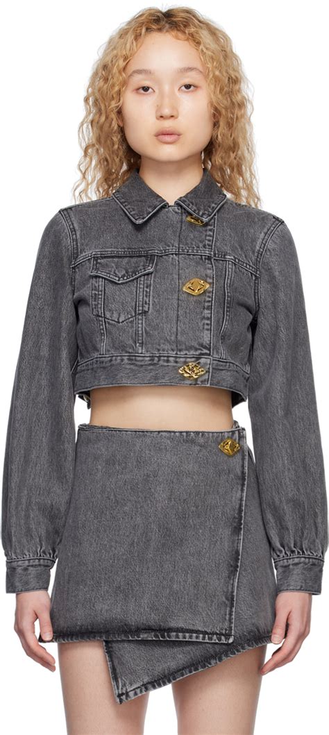 Gray Cropped Denim Jacket By Ganni On Sale