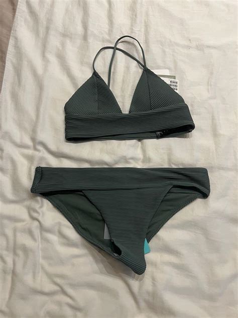H M Army Green Ribbed Bikini Women S Fashion Swimwear Bikinis Swimsuits On Carousell