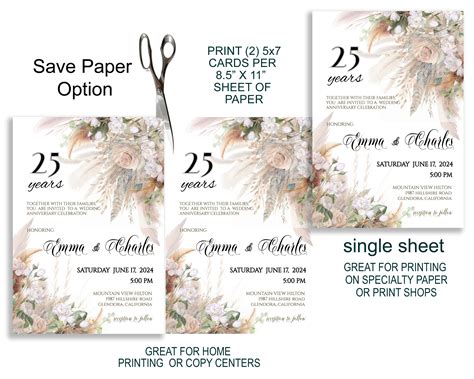 Editable Boho 25th Wedding Anniversary Invitation Pampas Grass Rustic Beige White Floral Diy