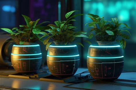 Premium Photo Cyberpunk Three Pots Of Plants On The Board Generative Ai