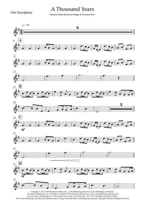 A Thousand Years Sheet Music Christina Perri Alto Sax Solo