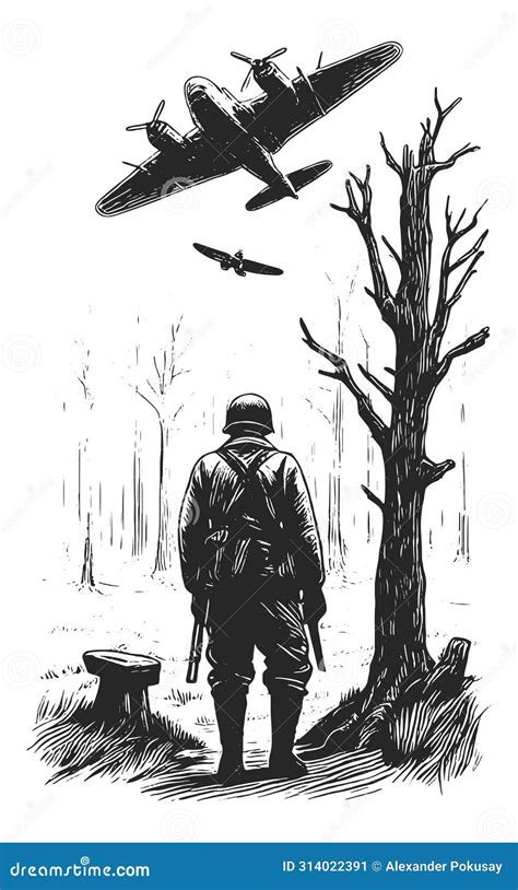 World War II Soldier Watching Planes Sketch Raster Stock Illustration ...